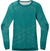The Smartwool Women’s Intraknit Thermal Merino Base Layer Crew features a teal color, geometric patterns, ribbed crew neckline and cuffs, varying textures, and subtle design accents on the sleeves and body.