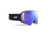 The Julbo Razor Edge Goggle features a black strap with a white logo and a large mirrored blue lens, ideal for skiing or snowboarding. It includes an anti-fog coating to ensure clear vision during outdoor activities.