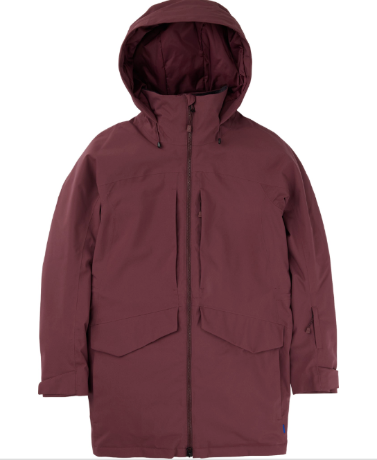 A maroon Burton Womens Prowess 2.0 Jacket with ThermacoreEco insulation, a hood, front zipper, two large front pockets, and two chest pockets is shown against a white background.