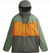 The Picture Mens Picture Object Jacket is a color-blocked ski jacket with a hood, featuring light green sleeves and shoulders, an orange chest panel, dark gray lower section, weather resistance, front zipper, and adjustable drawstrings.
