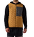 Someone wears a mustard yellow Backcountry Peale Primaloft Stitch-Free Baffle Stretch Vest with a black-and-white checkered chest pocket over a black hoodie and shorts. This lightweight insulated vest has a front zipper and two side zipper pockets.