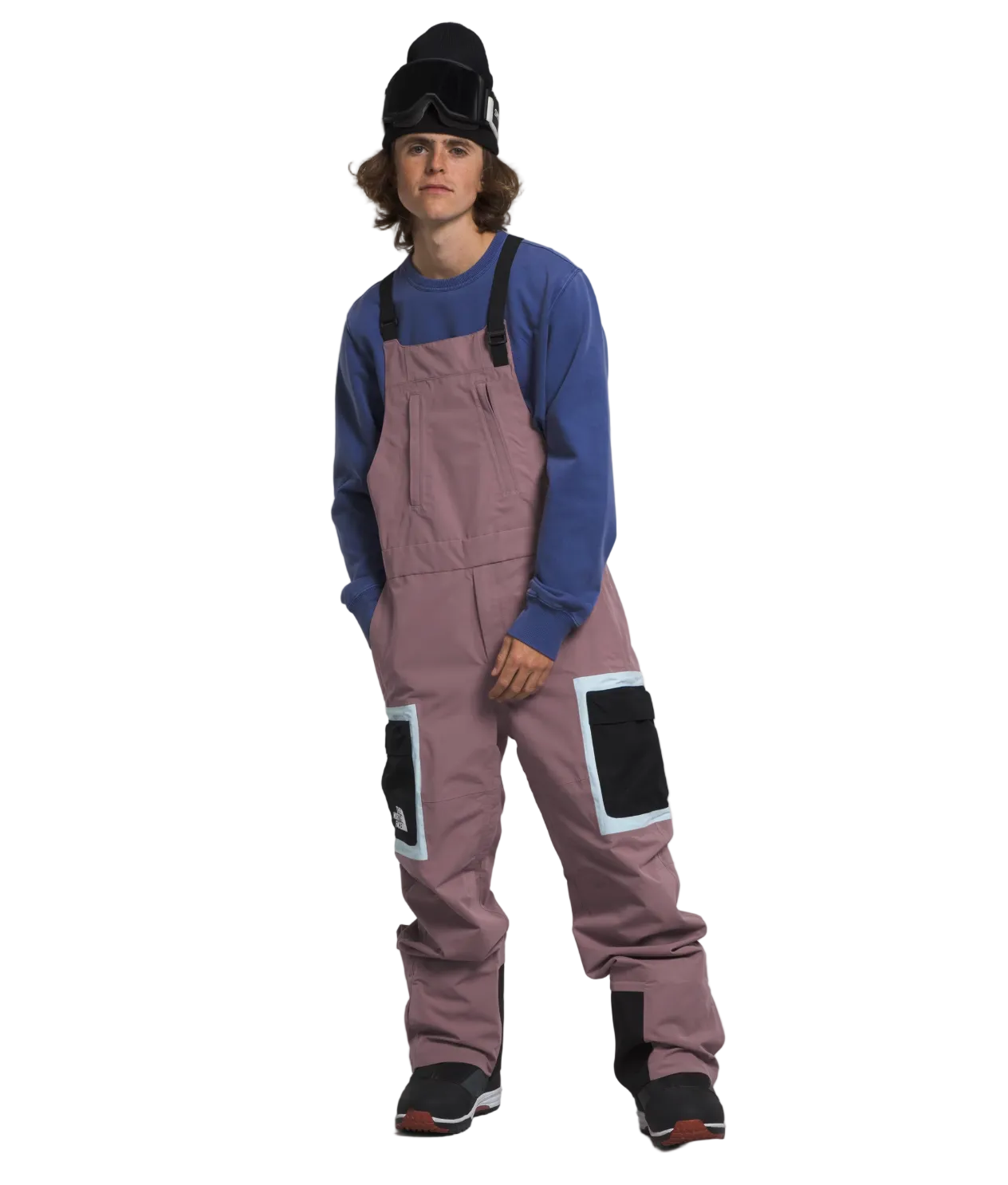 Men's ski bib overalls, dusty mauve with black knee panels and shoulder straps