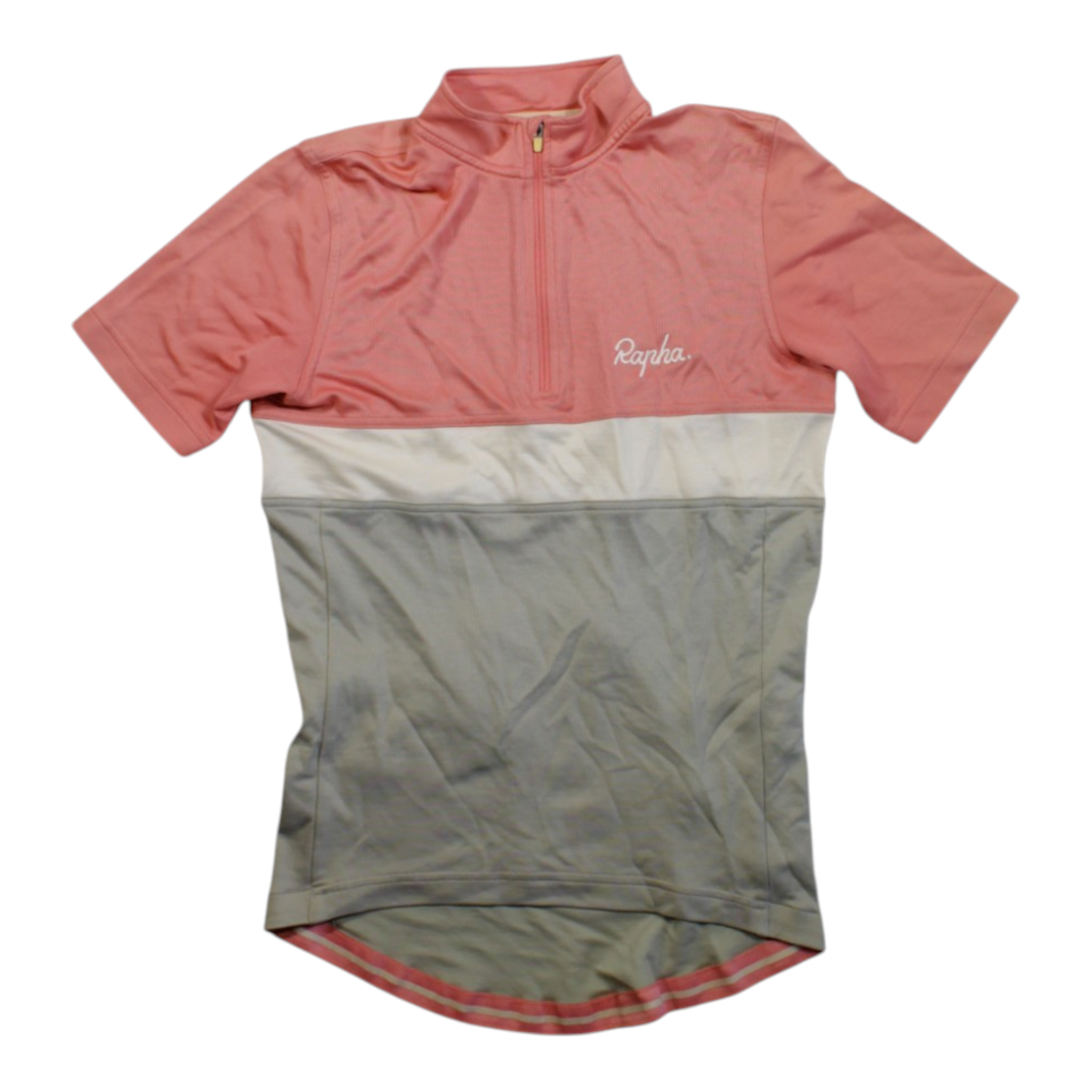 Men's Clubhouse cycling jersey, coral upper with gray base panel and white waist stripe.