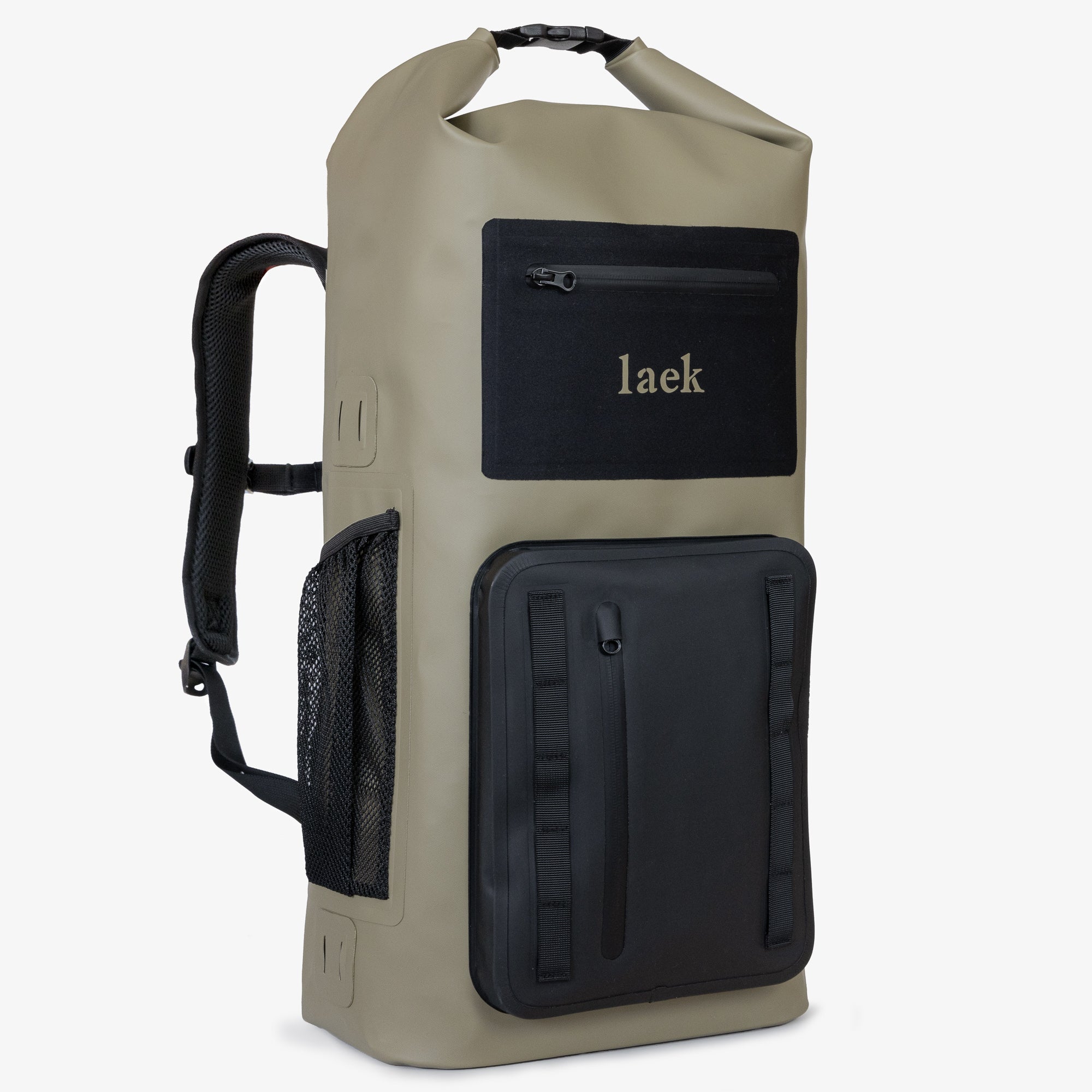 The Seafield 38L Waterproof Backpack features a beige rolltop closure, black padded straps, two large black front pockets (one with "laek" printed), a side mesh pocket, and is made from recycled polyester for lasting style.