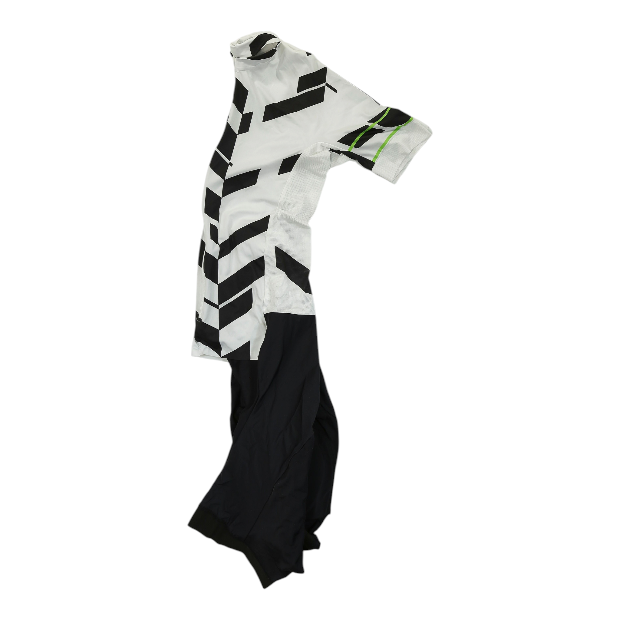 White Pro Team aerosuit with black geometric panels and green accents, short sleeves