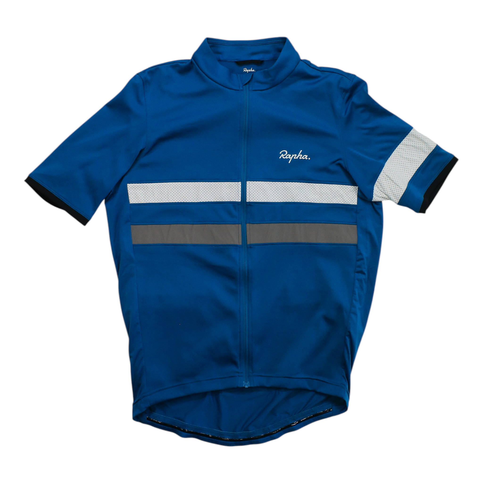 Bright blue short-sleeve cycling jersey with full-zip front and white reflective stripe bands.