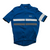 Bright blue short-sleeve cycling jersey with full-zip front and white reflective stripe bands.