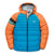 Kids color-block puffer jacket with hood, blue body and orange sleeves, full zipper