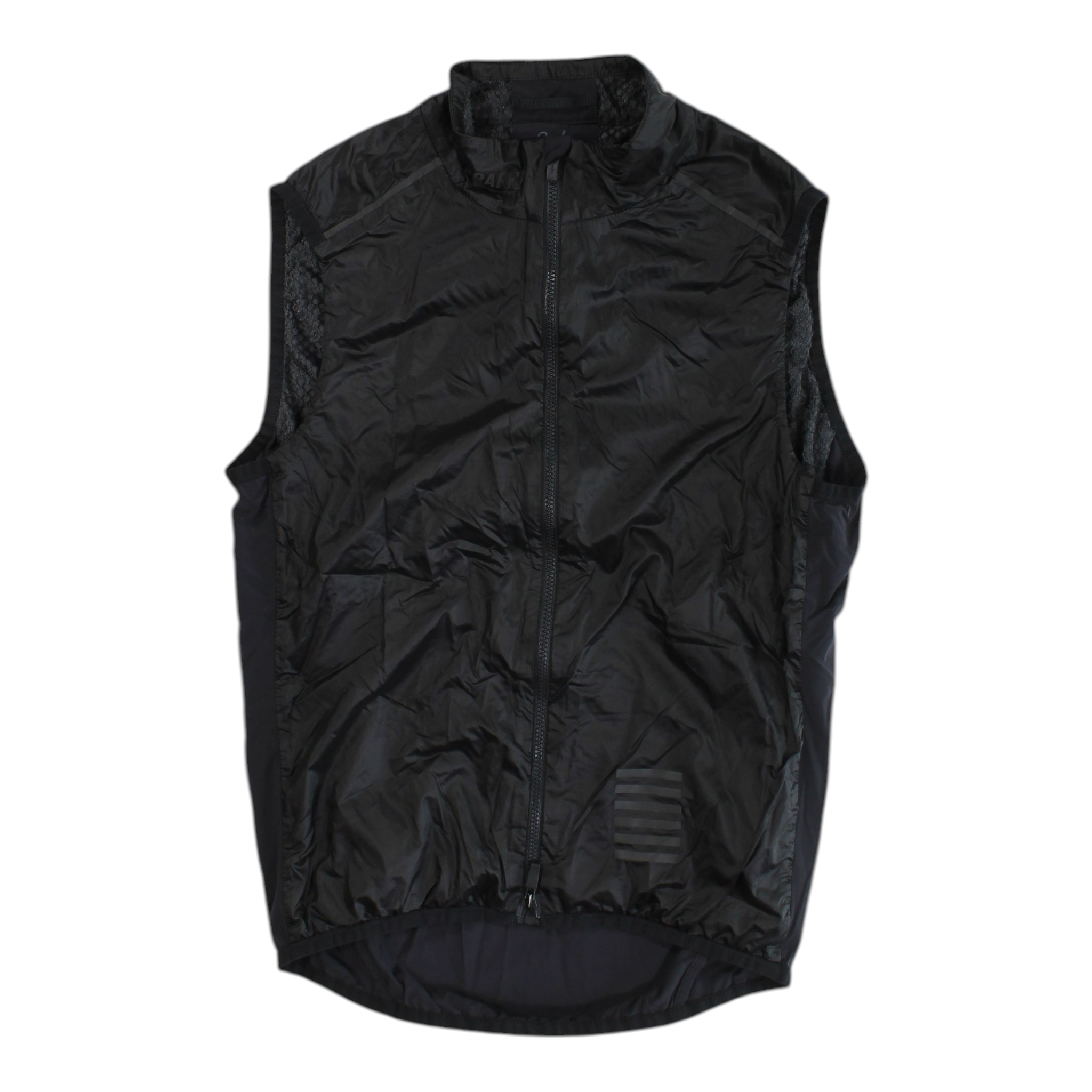 Men's black insulated cycling gilet with full zip and small dark stripe logo detail