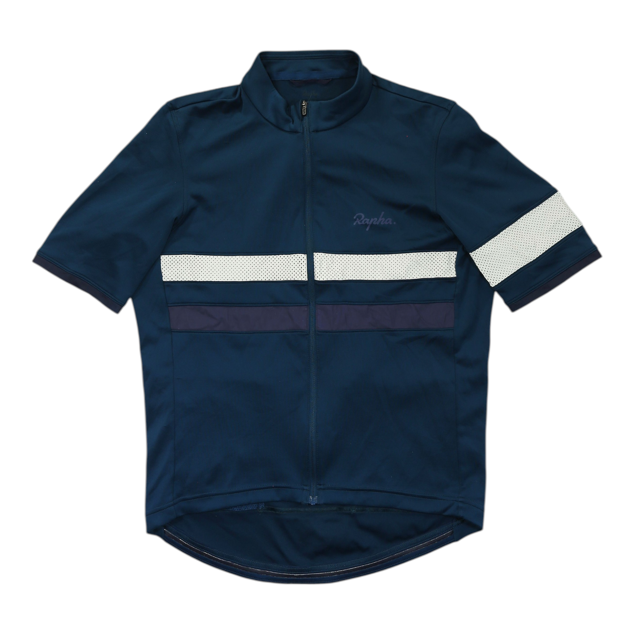 Rapha navy cycling jersey with full zip and short sleeves, reflective chest stripe