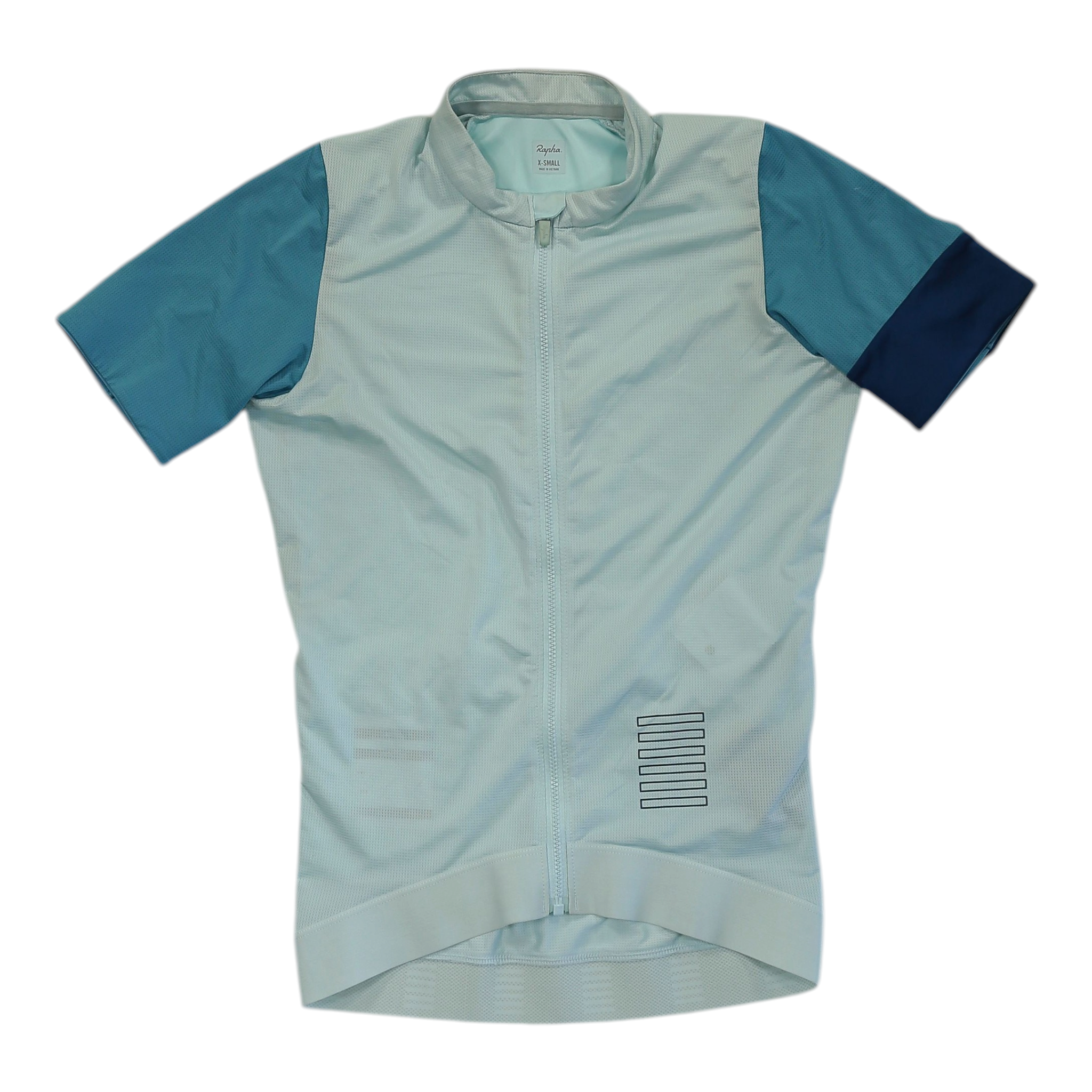 Light blue short-sleeve cycling jersey with full-zip front and dark blue sleeve panels