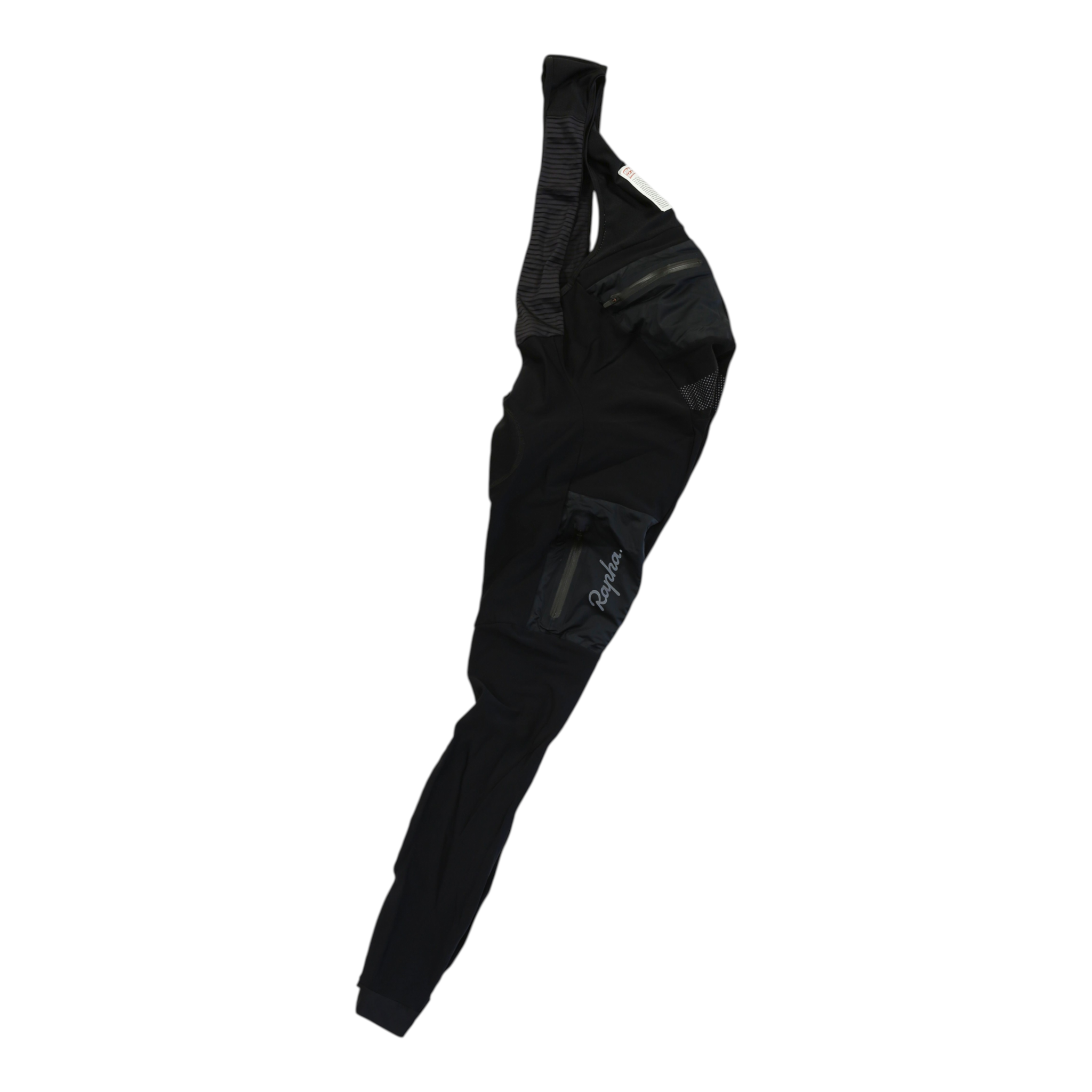 Black mens cargo winter tights with pad, side view, zippered leg pocket