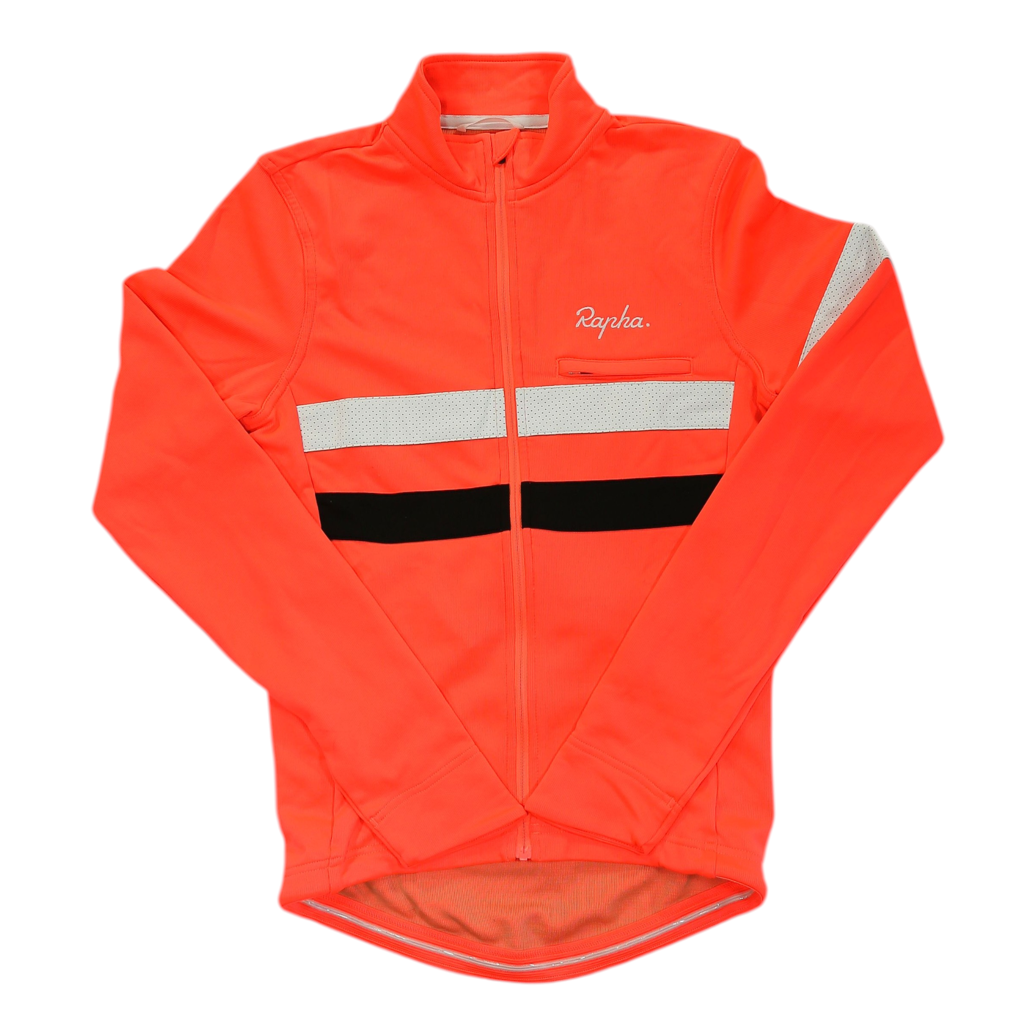 Men's long-sleeve cycling jersey, bright orange with gray and black chest stripe, full zip