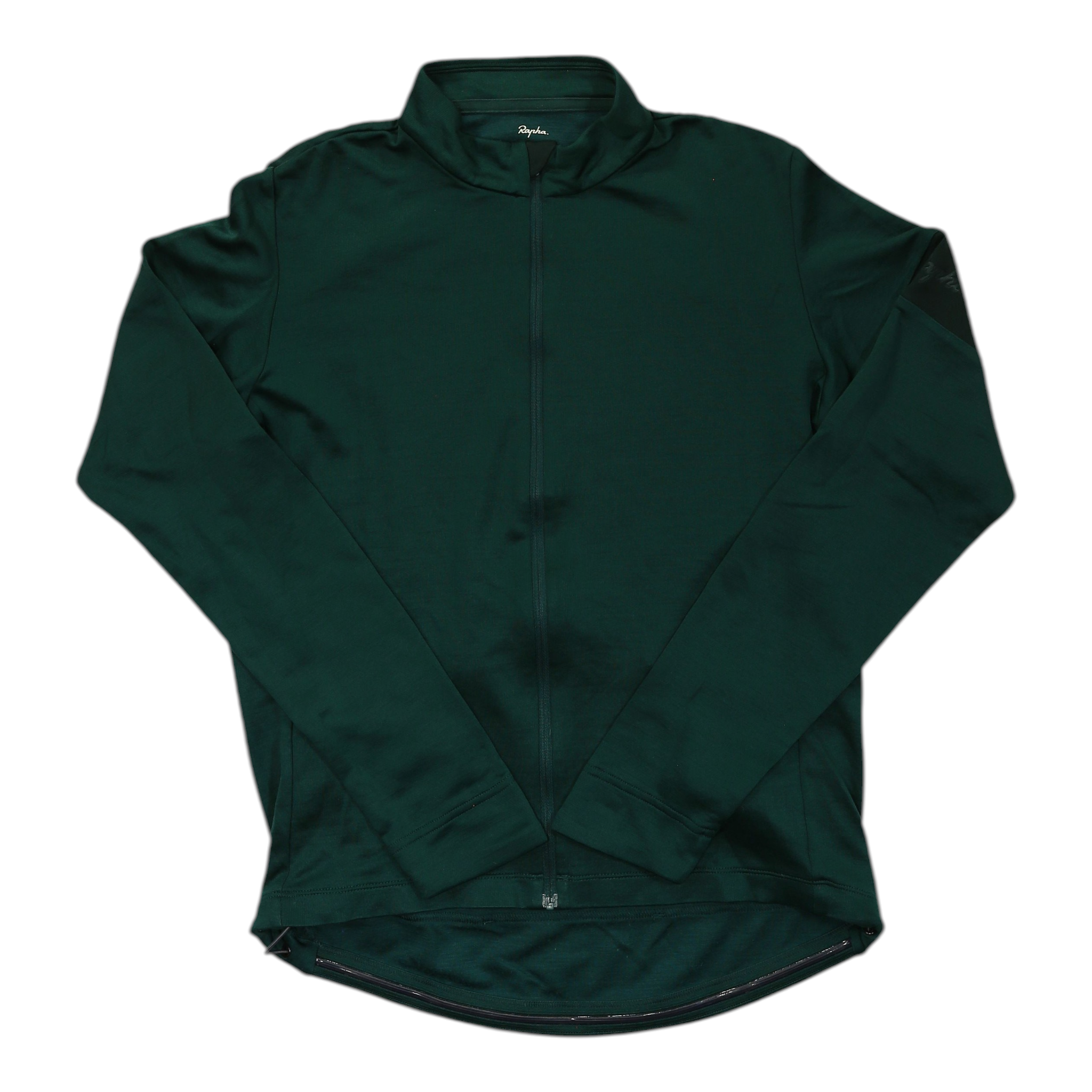 Long-sleeve cycling jersey with full front zipper and stand collar, dark green