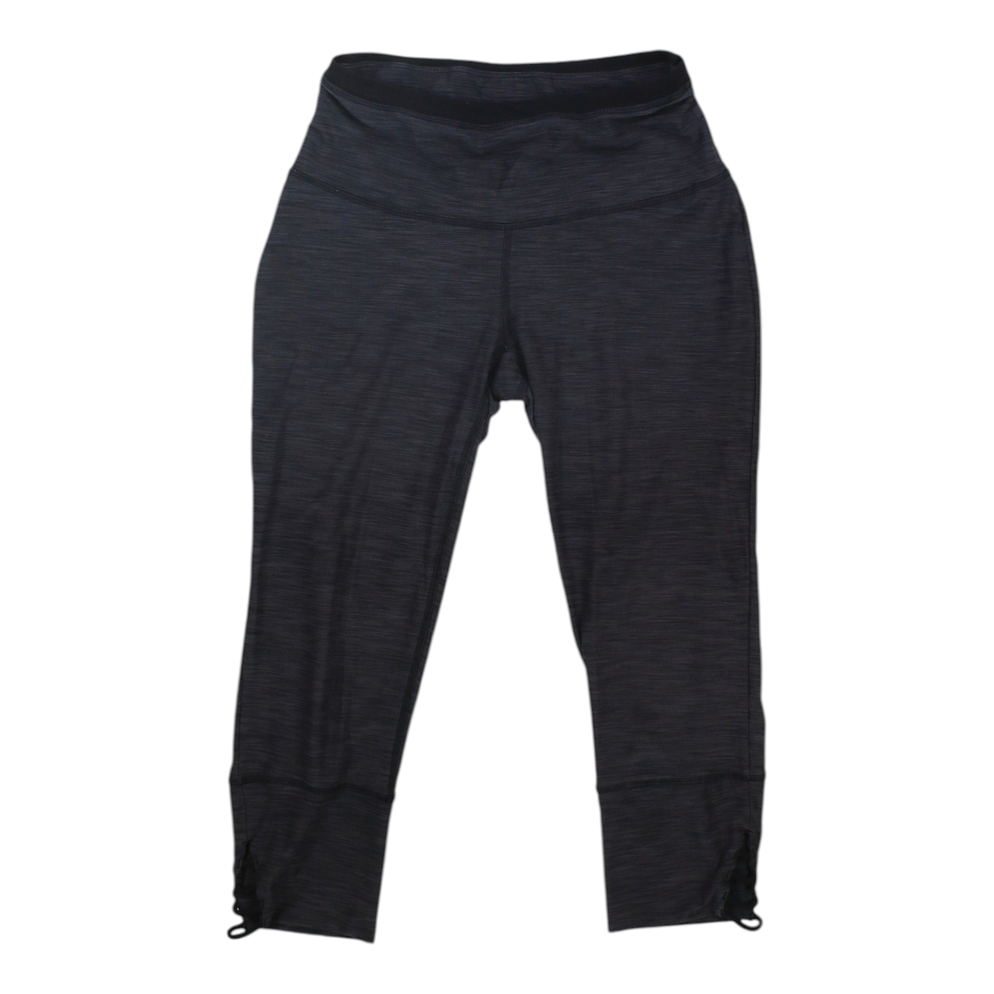 Women's Prana leggings in dark navy textured knit, mid-calf with tie hem