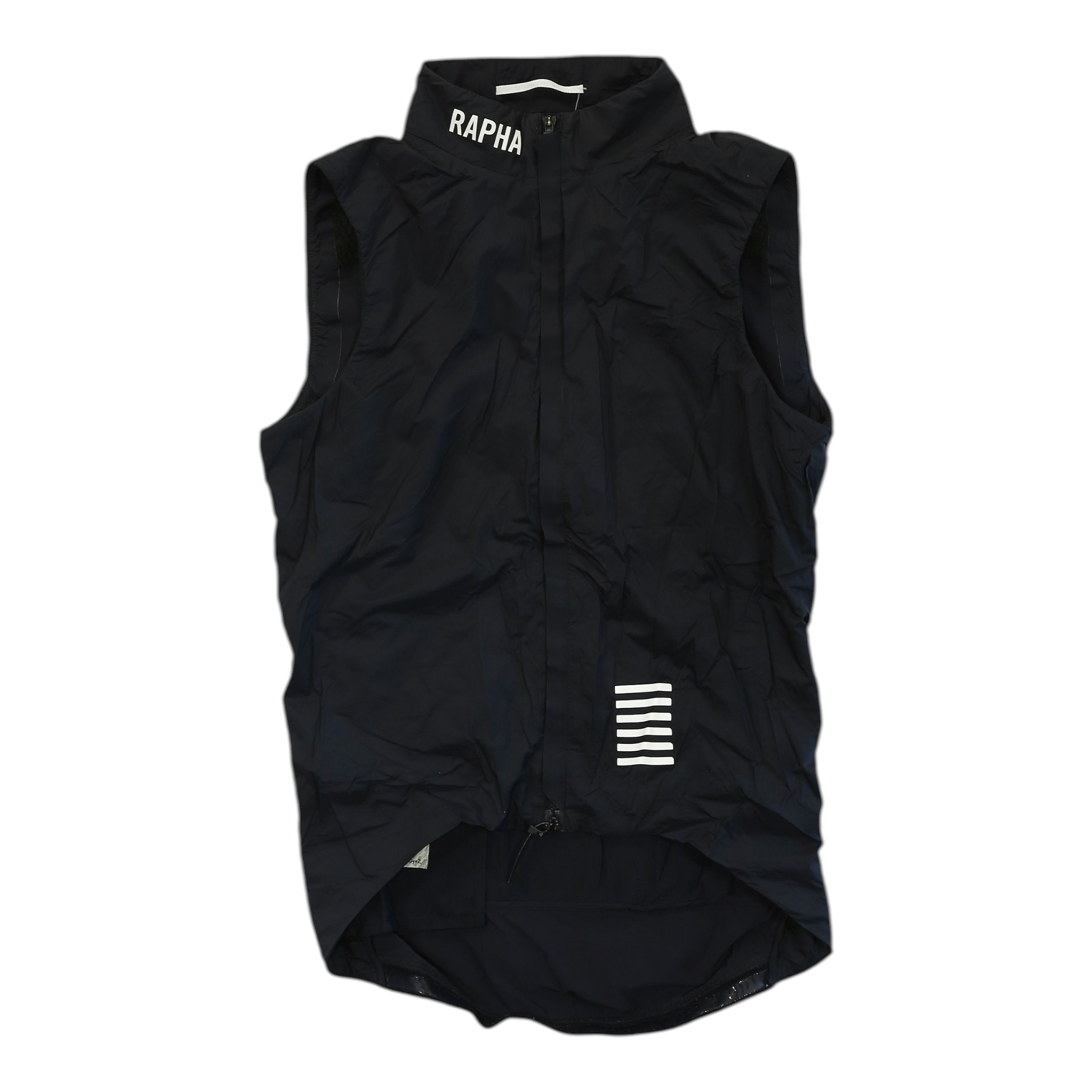 Men's black insulated cycling gilet, full-length zip, white vertical stripe on chest