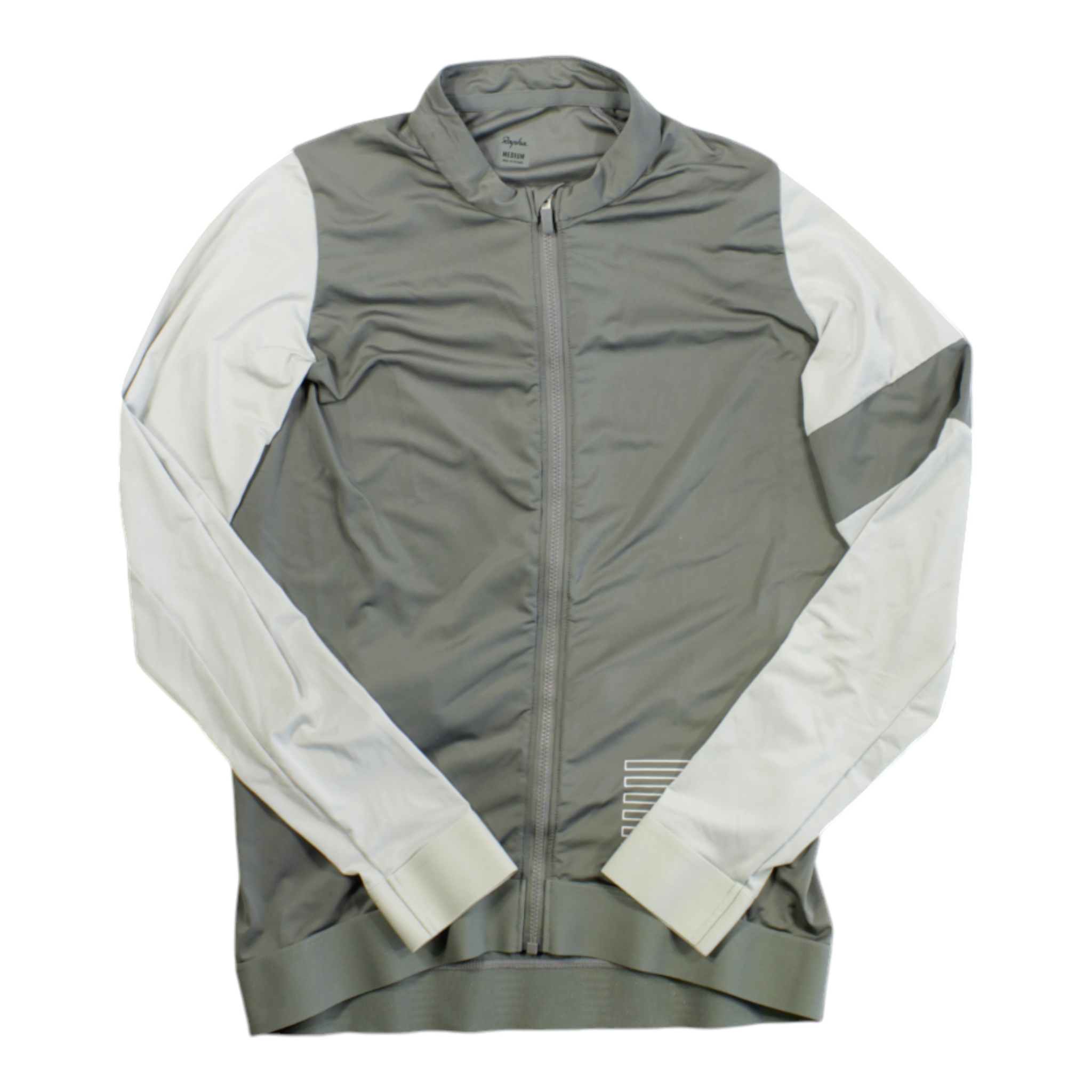 Men's Rapha long sleeve full-zip training jersey, gray-green body with off-white sleeves