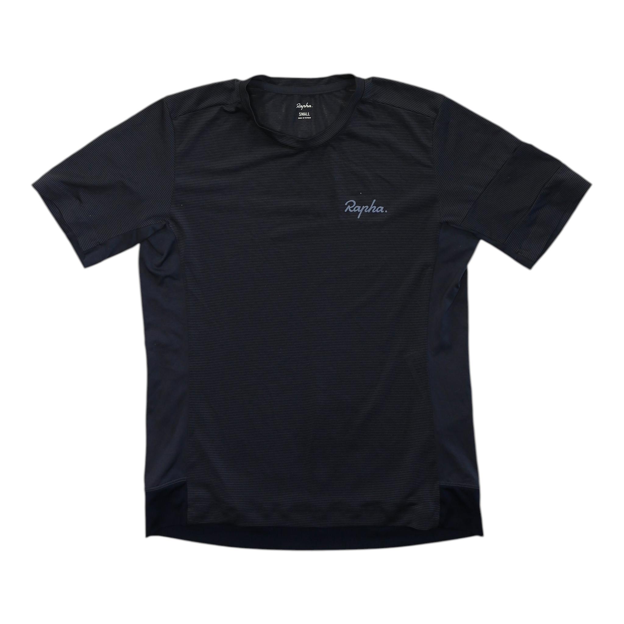 Navy technical T-shirt with crew neck, short sleeves, and small blue Rapha logo on chest