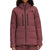 A person wears the Women's Corefire Down Jacket in maroon with a hood and black zippers, paired with matching pants; this breathable, waterproof jacket is shown from the front against a white background.
