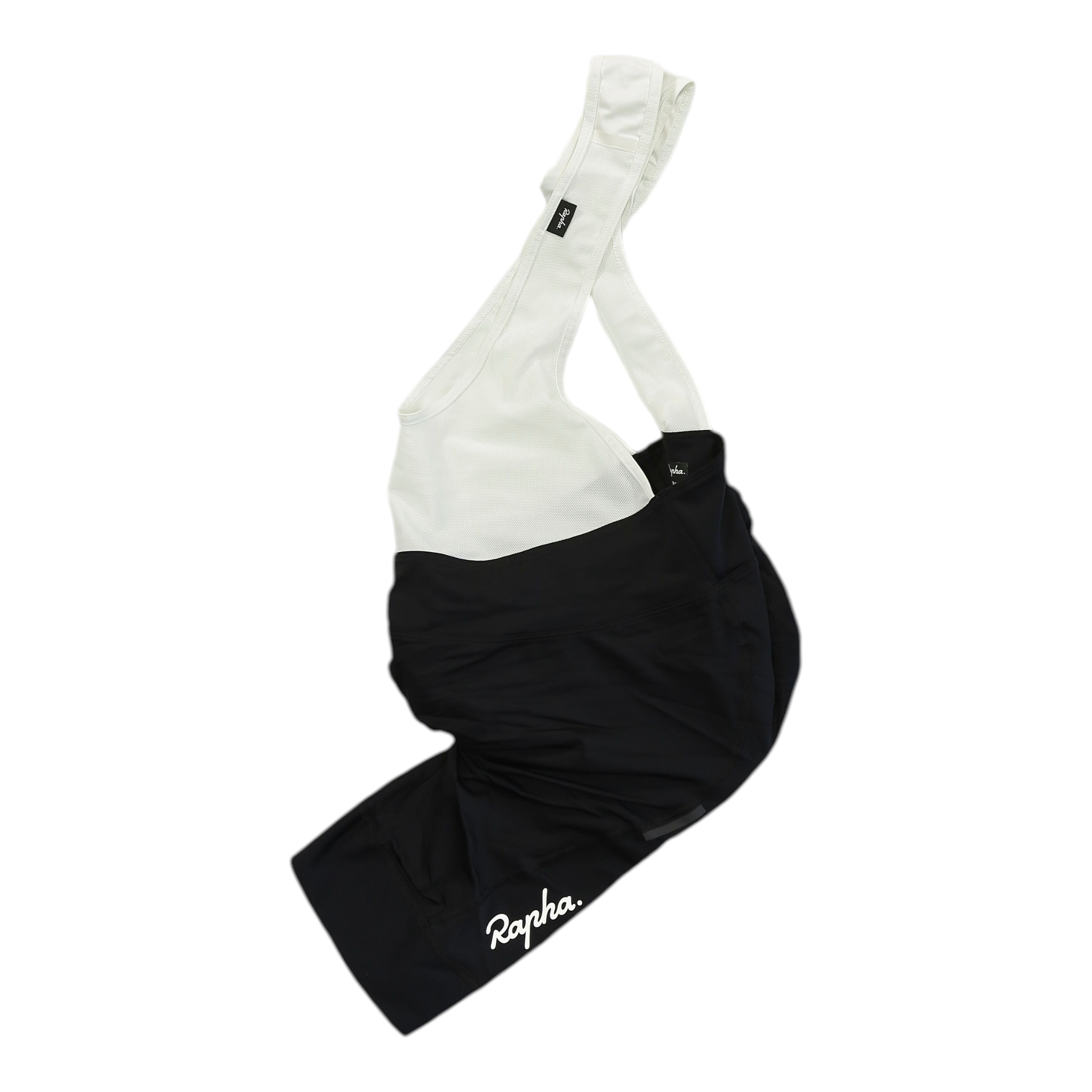 Bicolor womens bib shorts, white and black with Rapha logo at leg