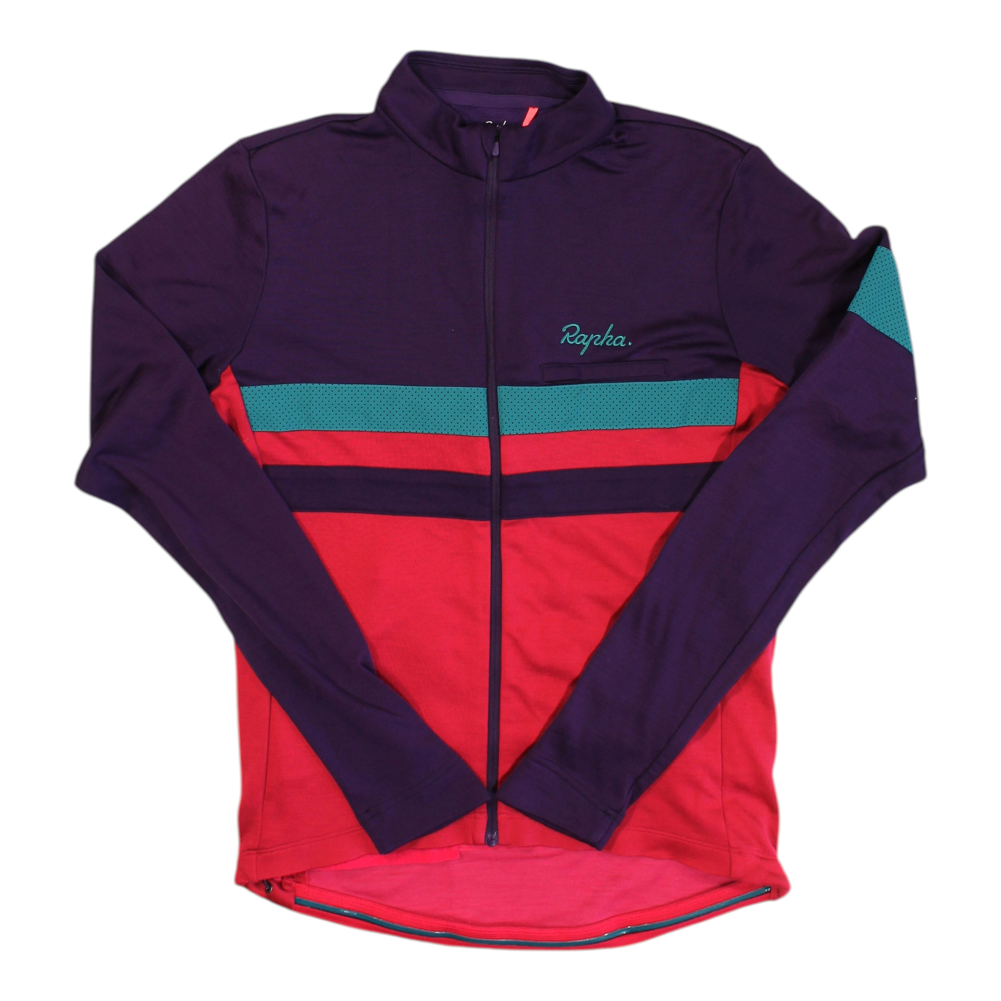 Men's long-sleeve cycling jersey, full-zip, purple with teal side and red stripe panels.