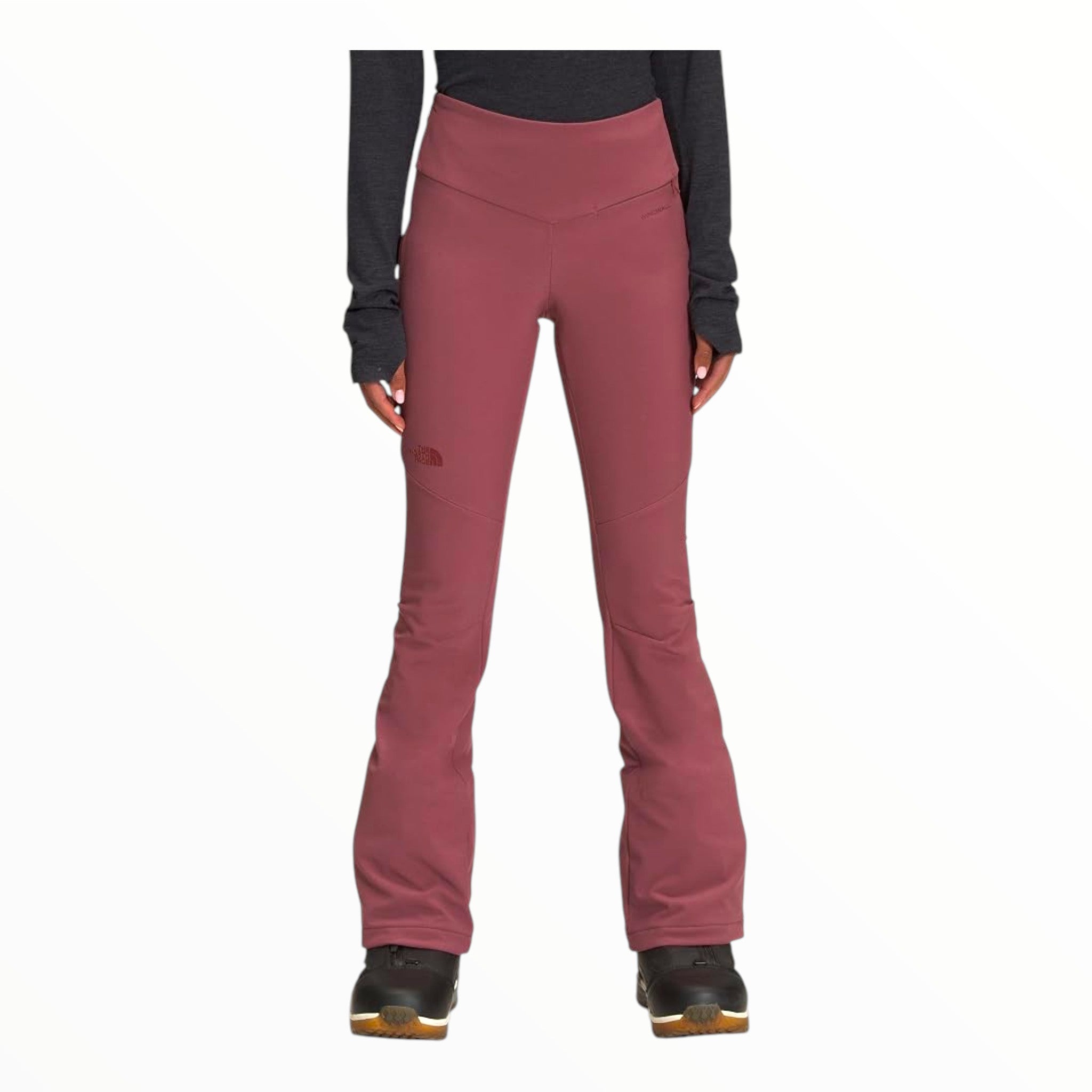Women's Snoga snow pants in maroon, slim fit with zip cuffs at leg openings