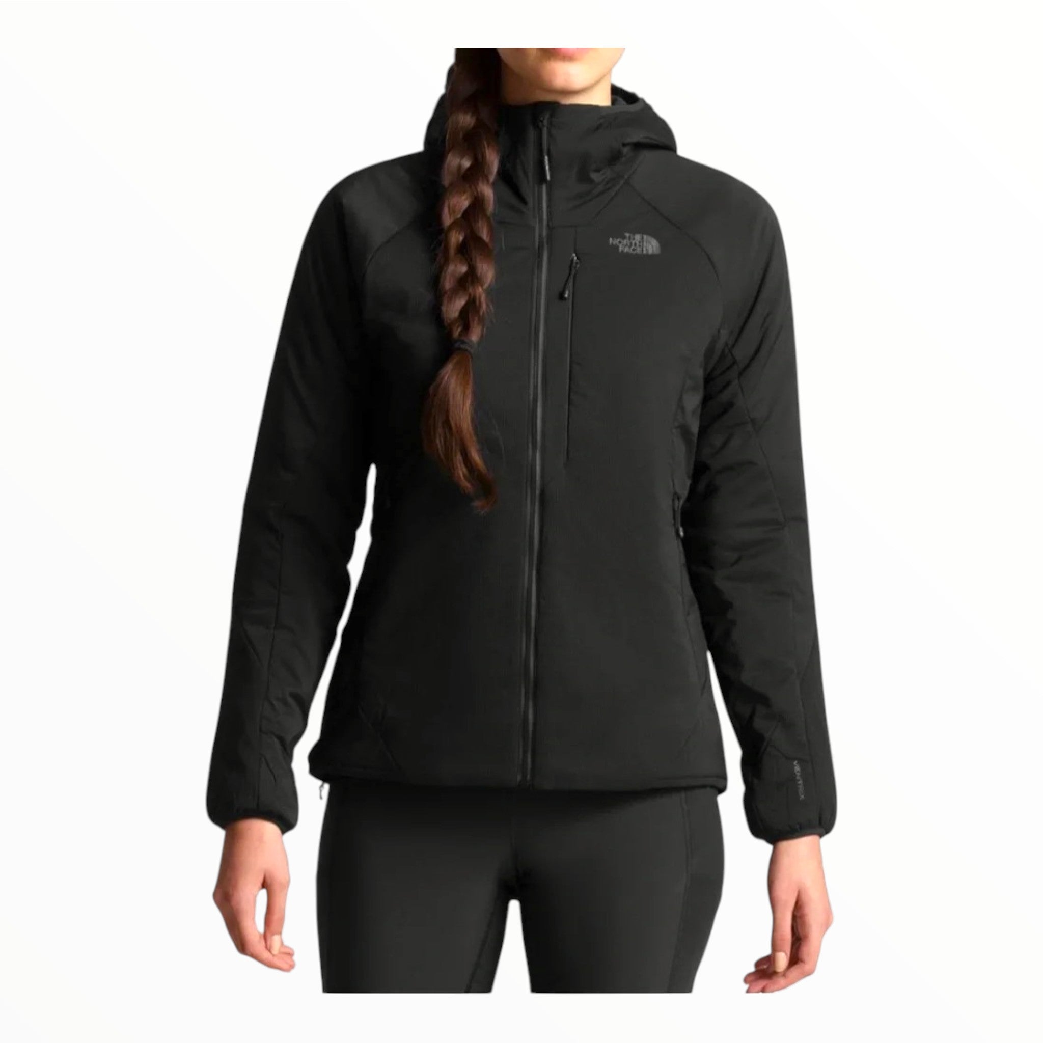 Women's black insulated jacket with full-length zipper and attached hood
