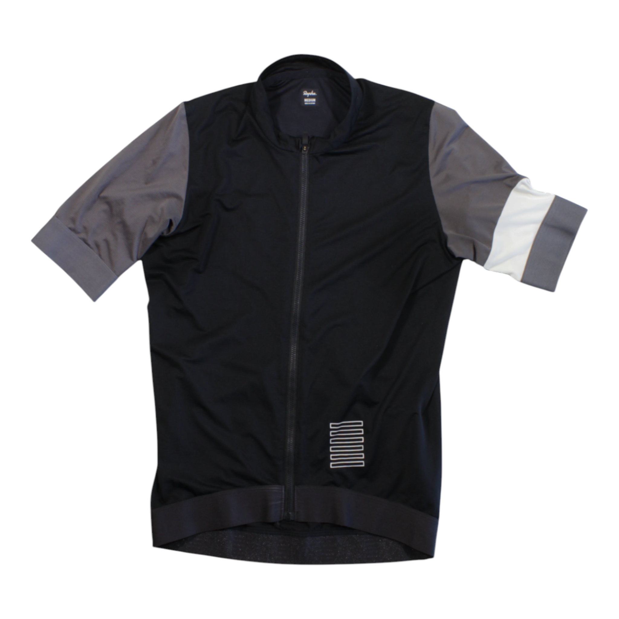 Rapha Pro Team training jersey, black zip-front cycling top with white cuff and gray sleeves