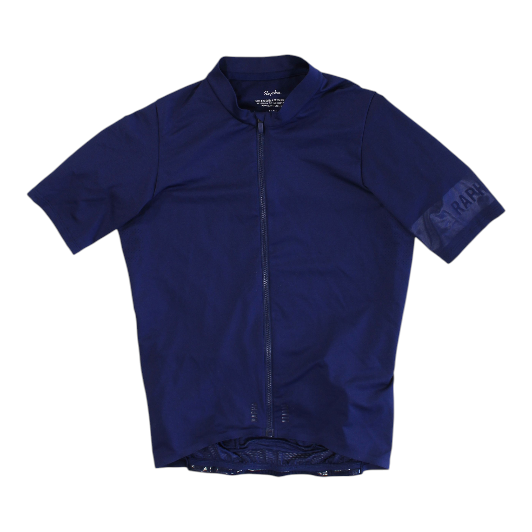 Navy blue short-sleeve cycling jersey with full front zipper and stand collar