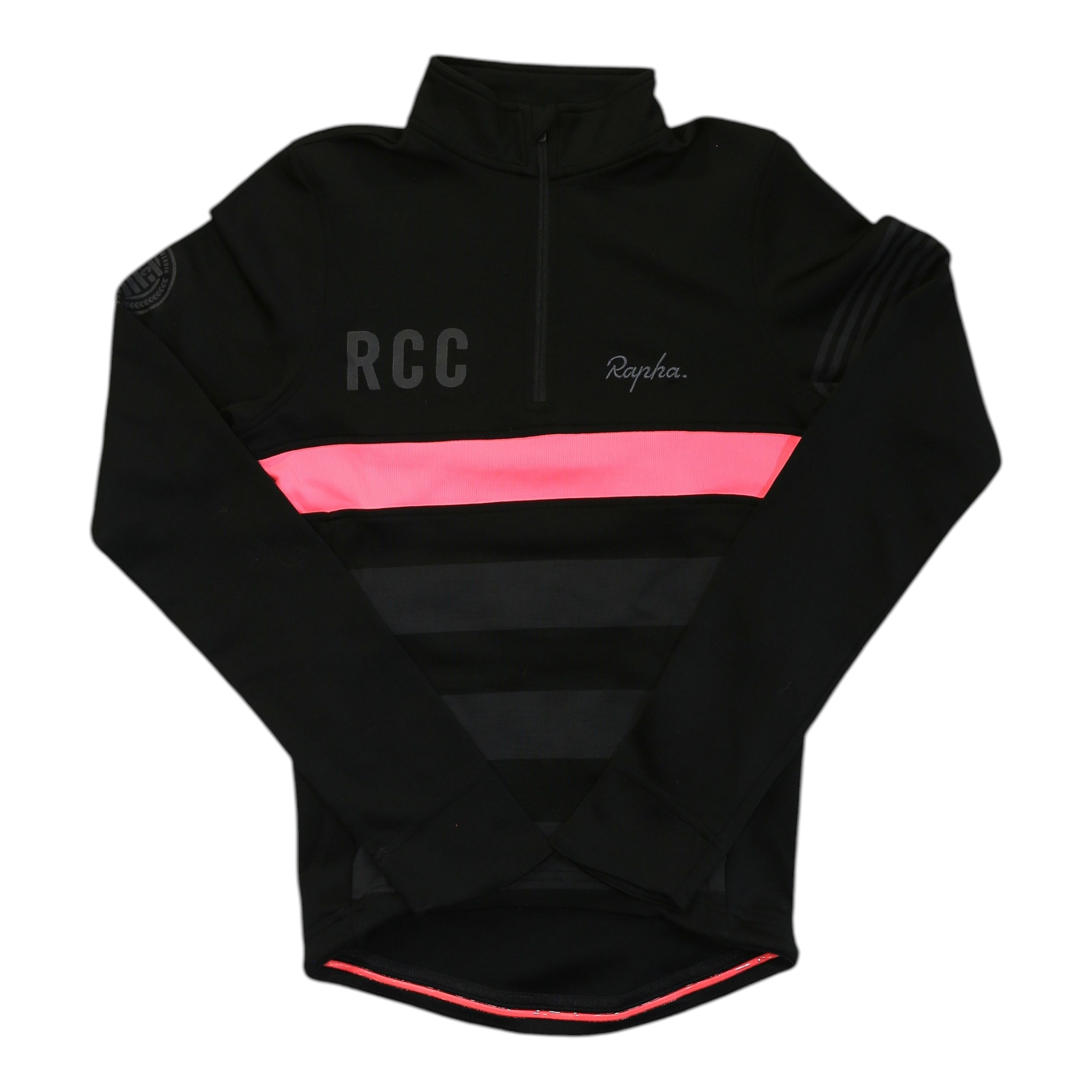Black long-sleeve jersey with half-zip, RCC and pink accent band at waist