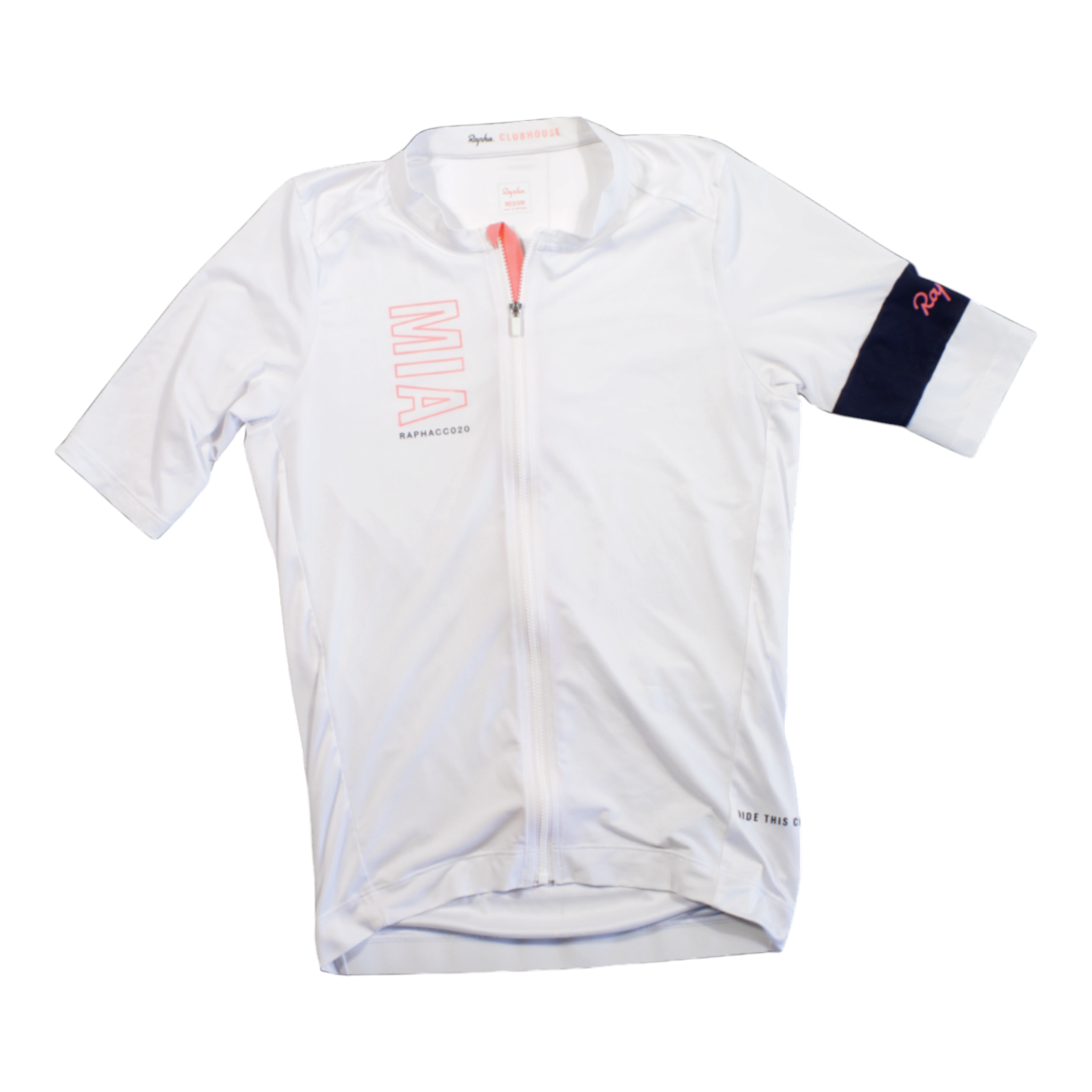 Men's Clubhouse cycling jersey, white with coral logo, full zip, and dark navy sleeve cuffs.