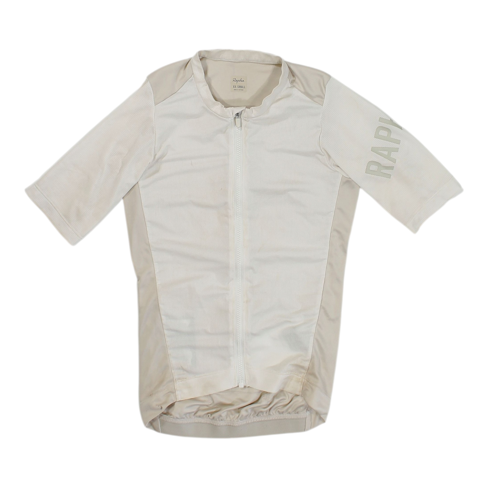 Women’s pro team cycling jersey, light cream, short sleeves, full front zip