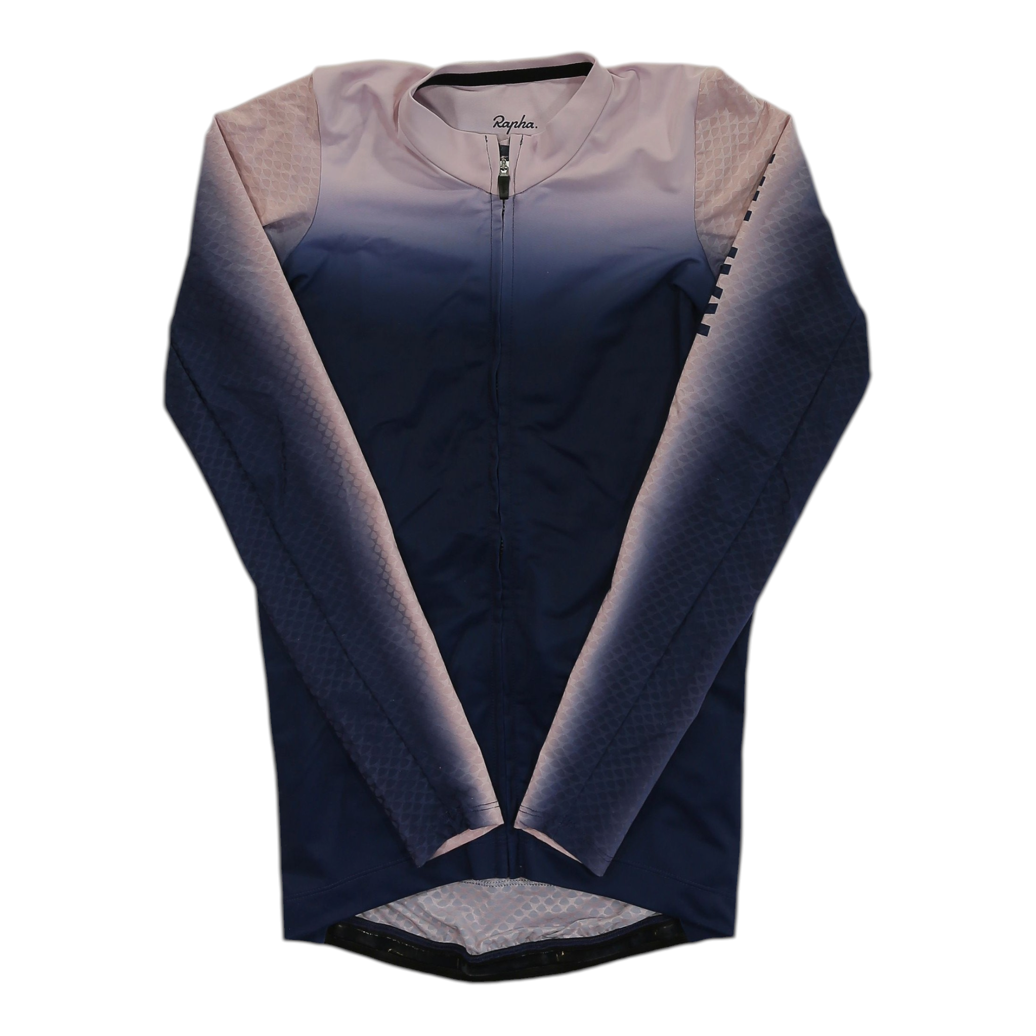 Two-tone pink and dark navy long-sleeve cycling jersey with full zip and stand collar.