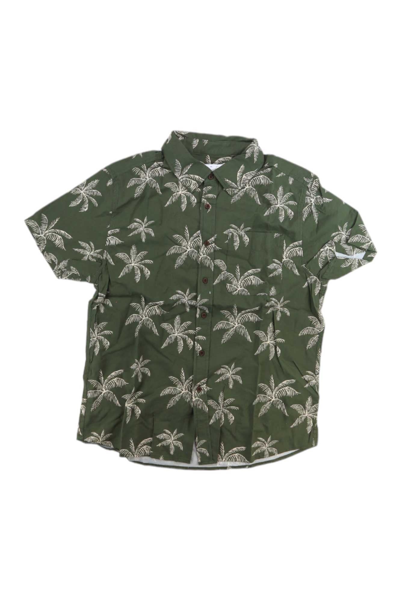 Men's dark olive short-sleeve button-up shirt with white palm leaf pattern