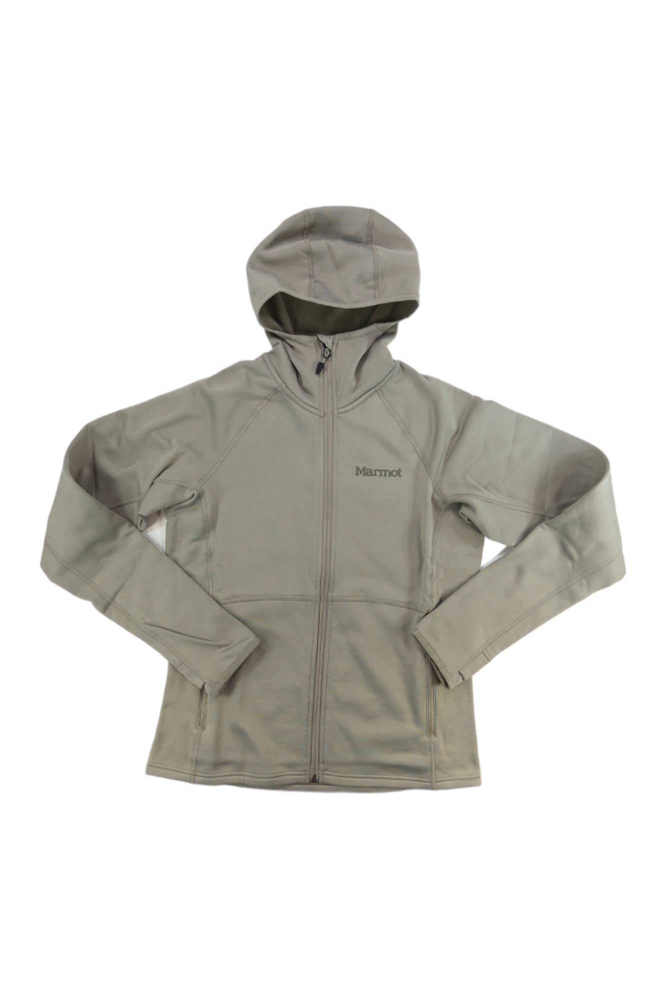 The Marmot Women's Olden Polartec Hoody is a light gray fleece jacket with a front zipper, long sleeves, and two zippered pockets, shown laid flat on a white background—ideal for outdoor adventures.