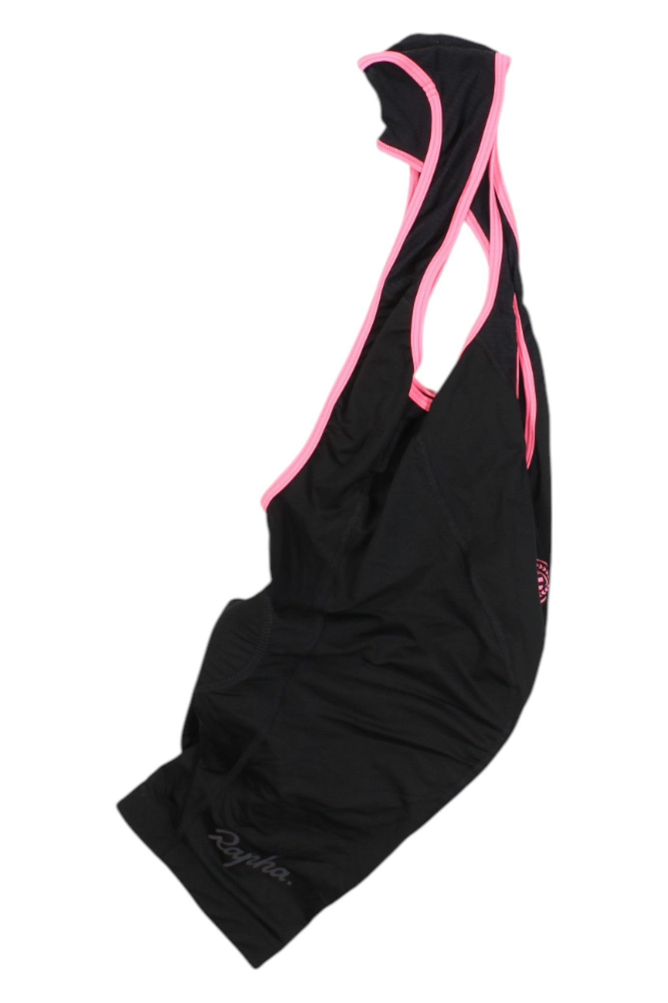 Black cycling bib shorts with bright pink side trim and pink-lined bib straps