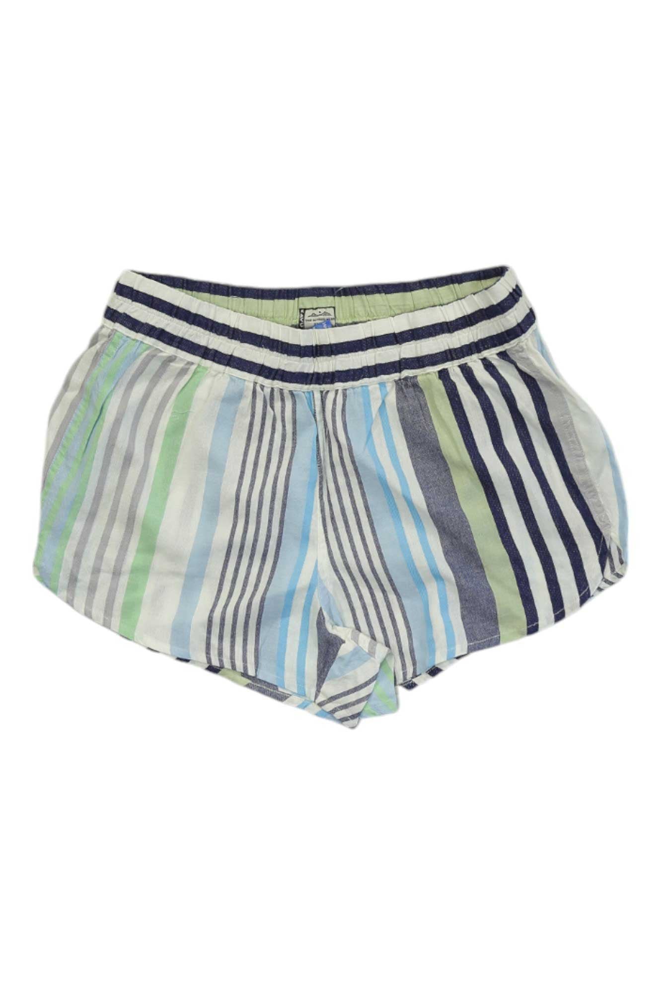 The KAVU Womens Aberdeen 3 Inch Short features an easy-fit elastic waistband and vertical stripes in blue, green, gray, and white for ultimate comfort and style.