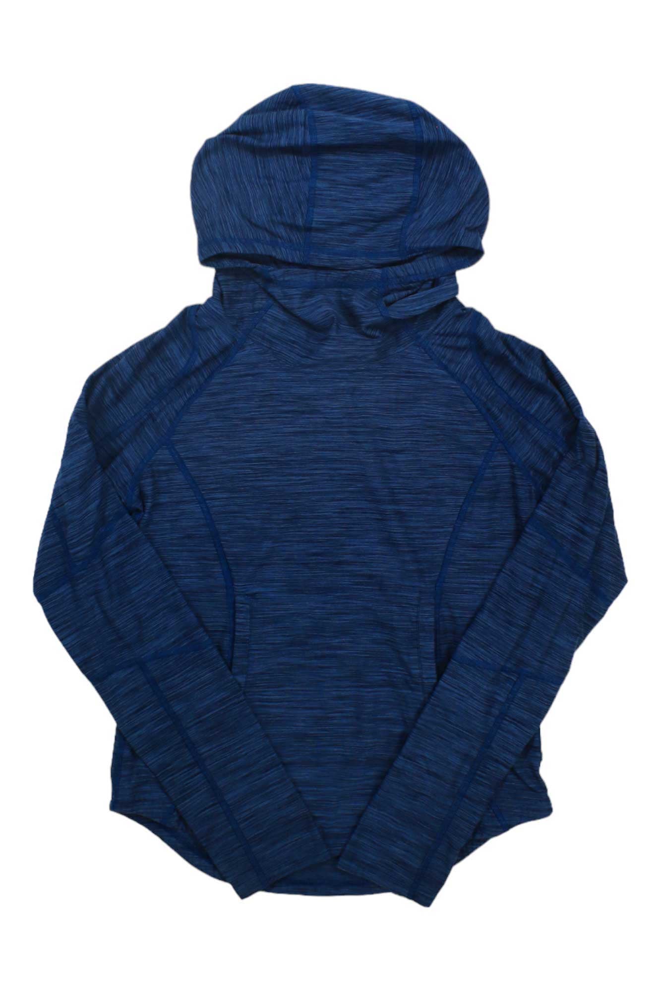 The Obermeyer Kid's Cora Hoodie, a blue heathered long-sleeve pullover with a hood and kangaroo pockets, is shown laid flat on a white background with the sleeves crossed at the wrists.