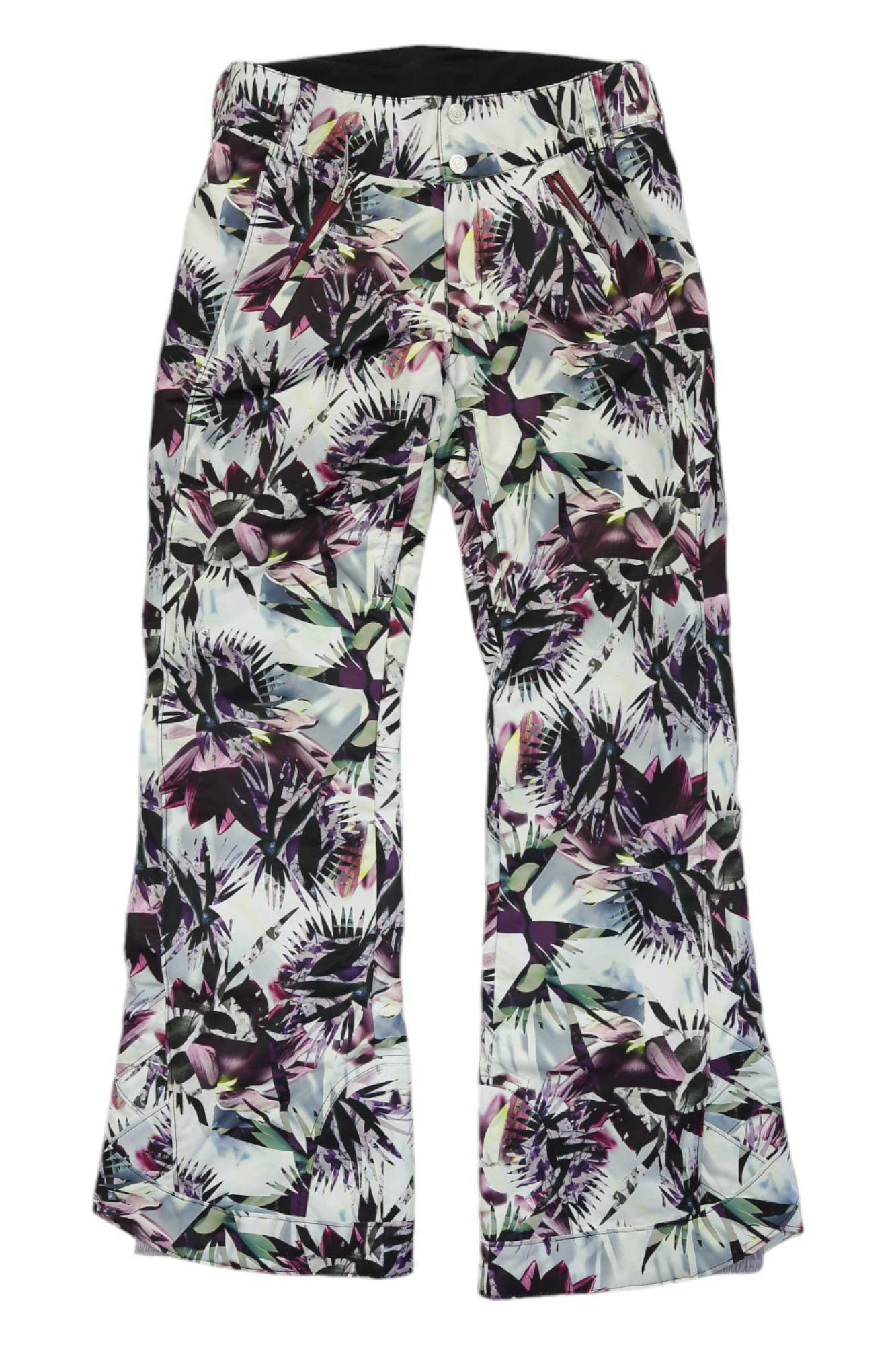 The Jessi Snow Pants feature a wide-leg silhouette and bold abstract floral print in purple, black, and white, crafted from durable waterproof fabric. Shown laid flat on a white background.
