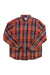 The L.L.Bean Mens 1912 Field Flannel Slightly Fitted Plaid Shirt is a long-sleeved, button-up shirt with red, blue, and orange plaid and features two chest pockets with button flaps.