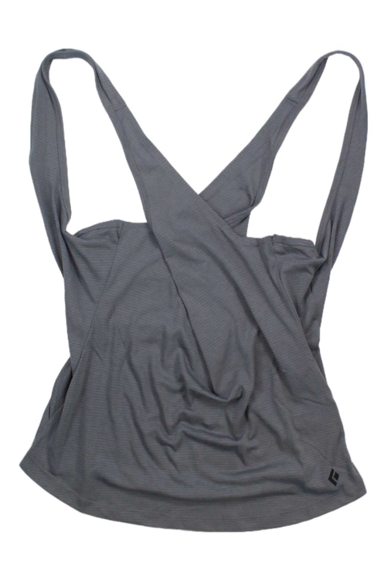 The Black Diamond Womens Splitter Tank is a gray climbing top with wide, cross-back straps, made of lightweight, moisture-wicking fabric, and finished with a small logo near the hem.