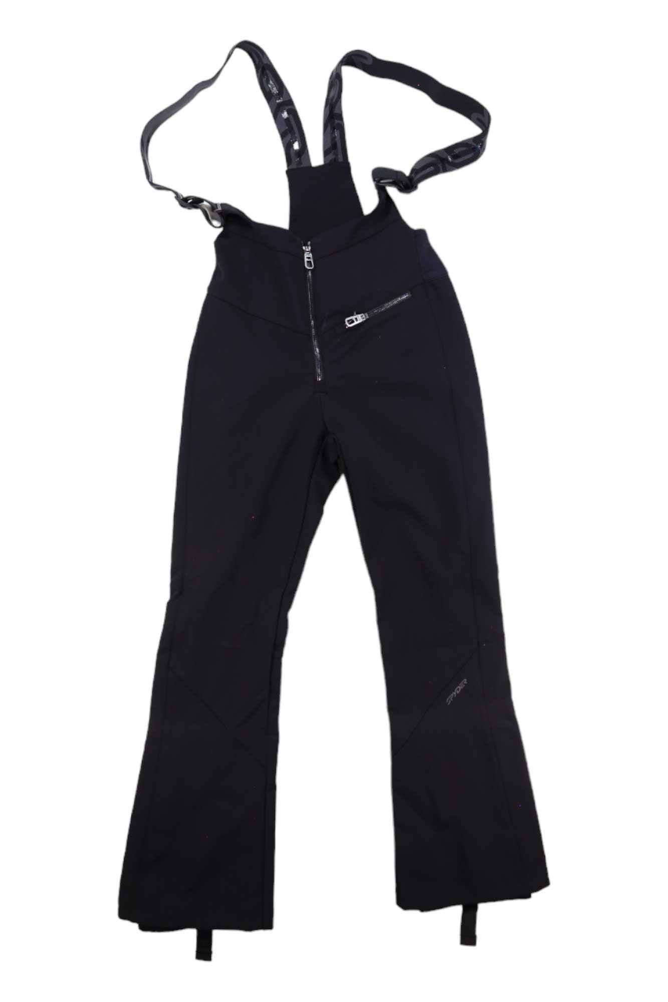 Women's black softshell bib pants with metal-look front zipper and adjustable suspender straps