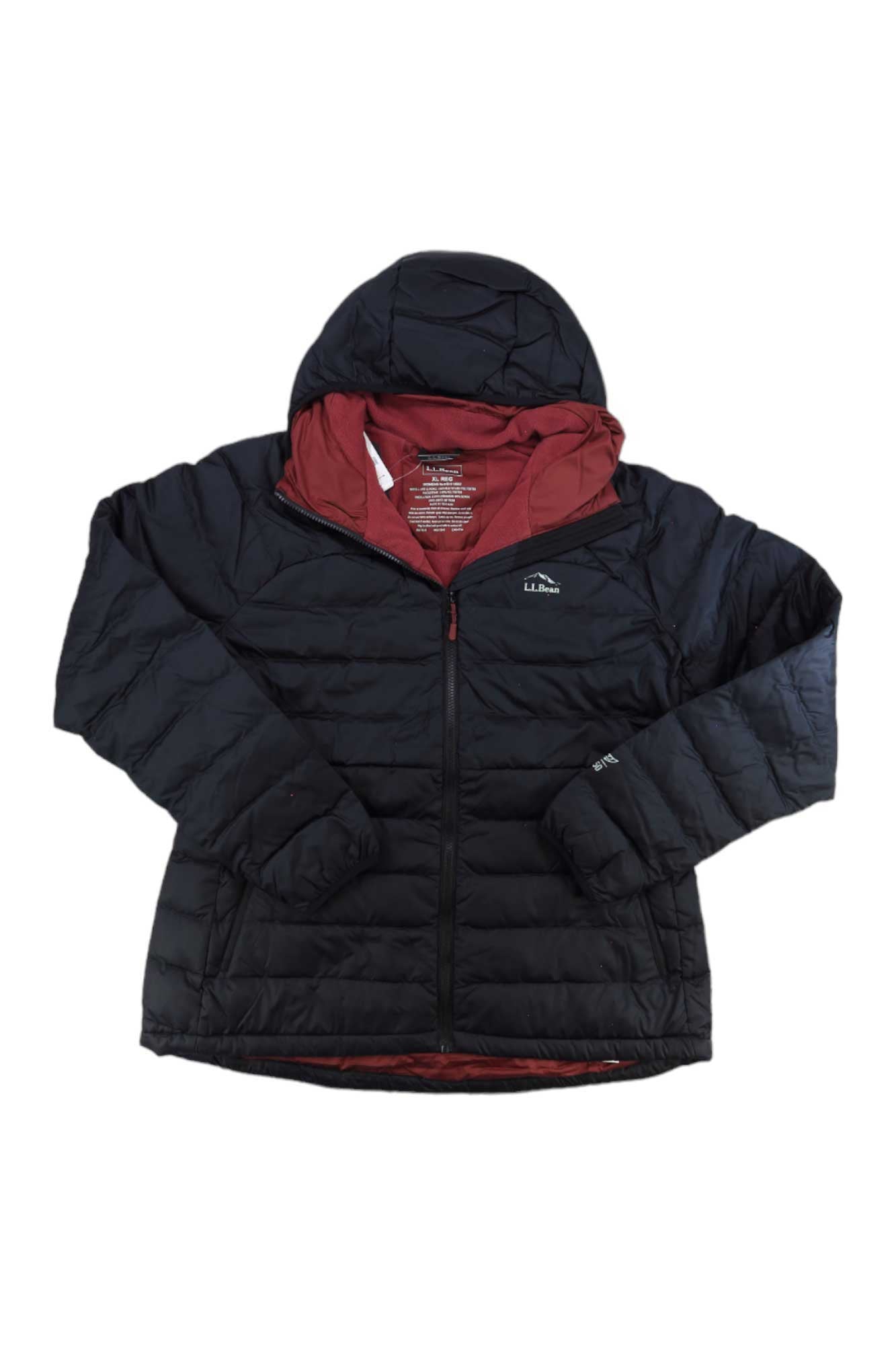 The L.L.Bean Womens Down Hooded Jacket by L.L.Bean is a black women's jacket with a hood, featuring a red inner lining and front zipper, shown laid flat on a white background. This jacket is made with water-repellent DownTek down for added warmth, recycled polyester fleece for extra comfort, visible stitching, and displays a small logo on the left chest.