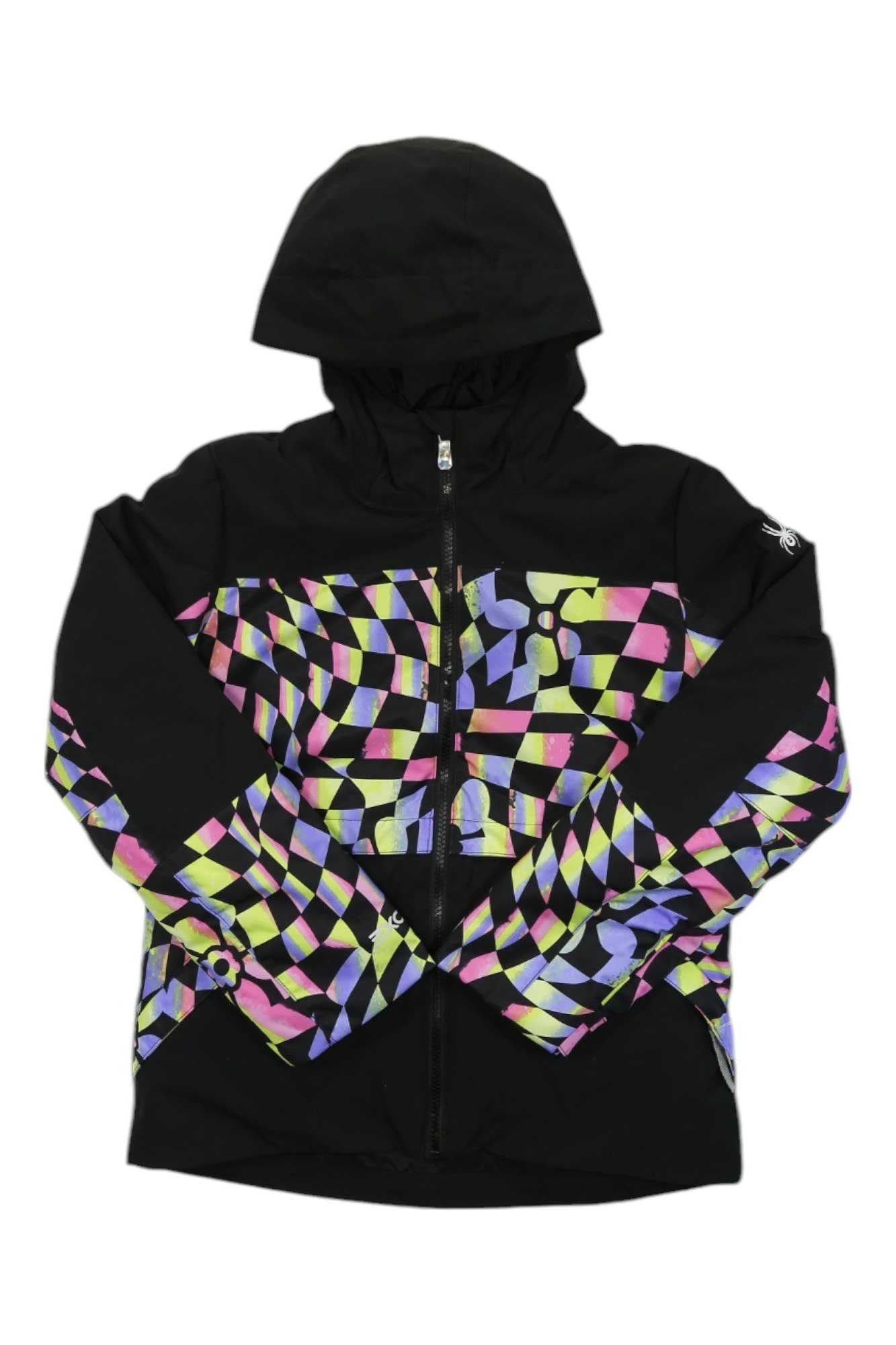 The Spyder Girls Sylvie Jacket is a black ski jacket with a front zipper, featuring a colorful geometric pattern in pink, yellow, green, and purple on the chest, sleeves, and lower front. Premium insulation provides extra warmth.