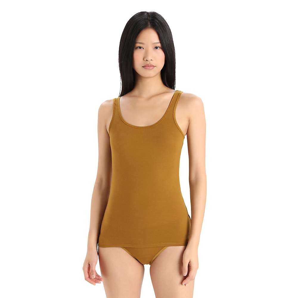 Women’s sleeveless bodysuit tank top, mustard-brown scoop neck, close front view