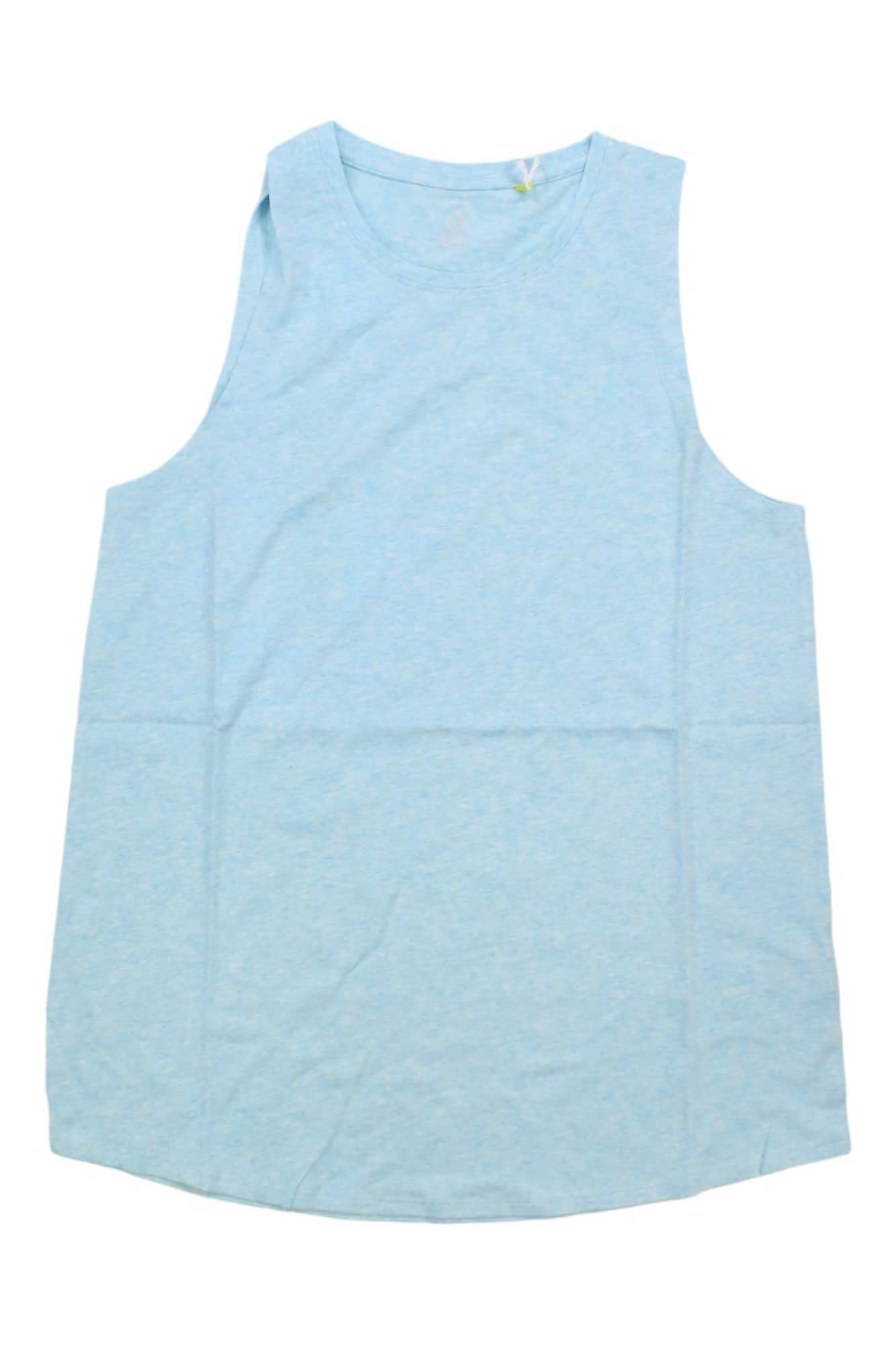 The Tasc Women's Nola 2.0 Tank, made from soft bamboo viscose in light blue, features a simple design and round neckline, shown laid flat on a white background.