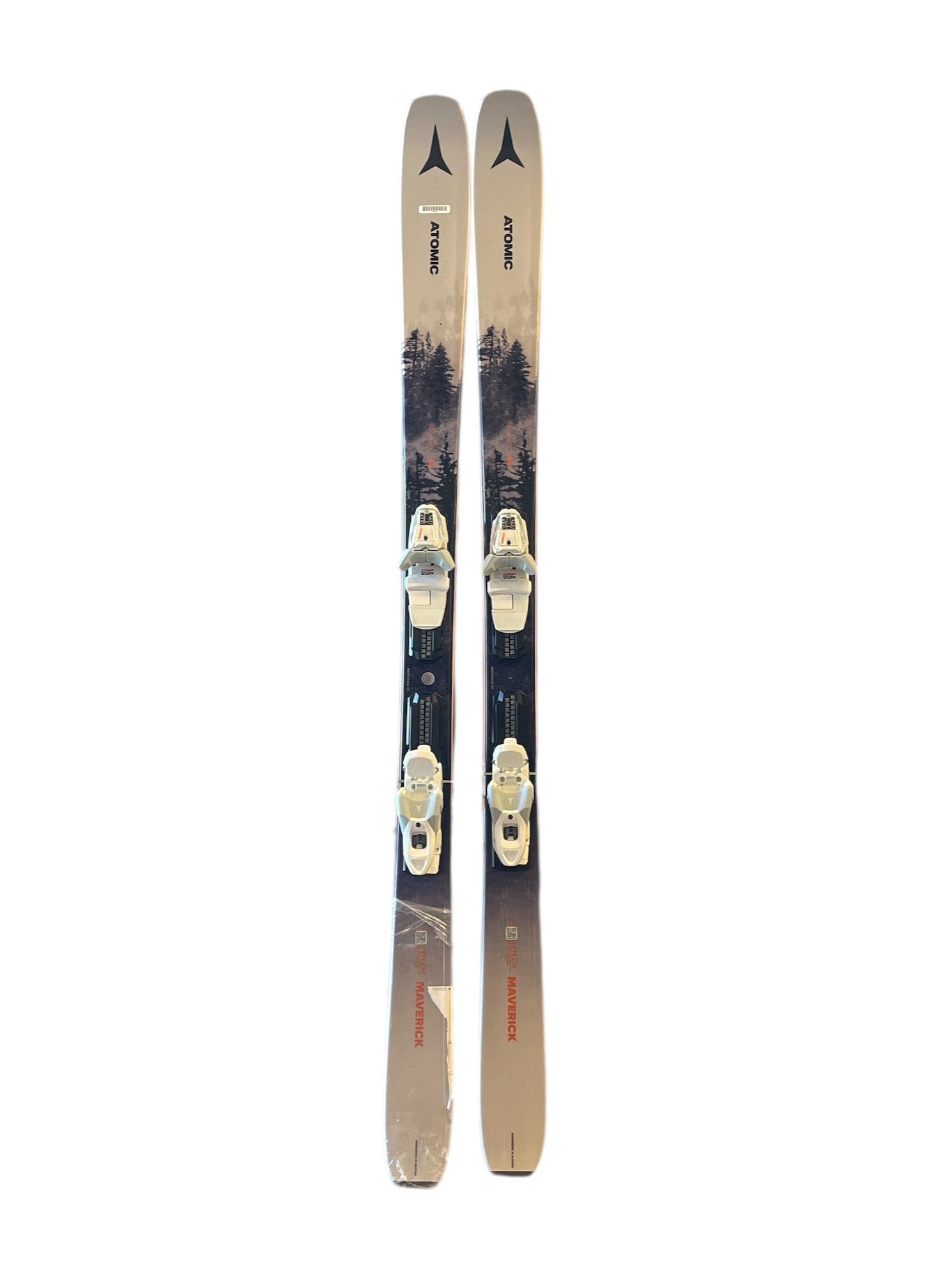 The Atomic Maverick 84 Skis + M10 GW Bindings feature a mountain and forest design, shown on a white background—perfect all-mountain skis for versatile performance.