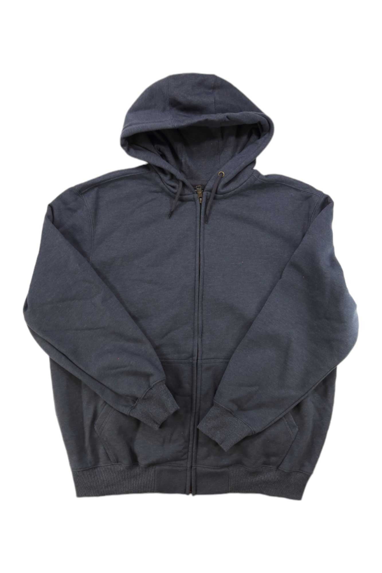 The Carhartt Men's Rain Defender Loose Fit Heavyweight Full Zip Sweatshirt in dark gray features a drawstring hood and two pockets, shown laid flat on a white background.