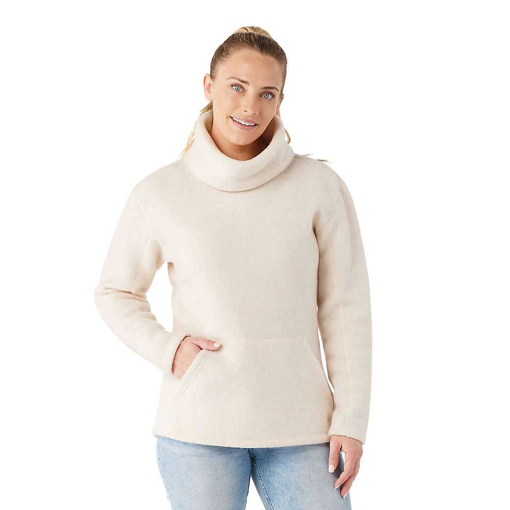 Women’s fleece pullover with cowl neck, long sleeves, and front kangaroo pocket, almond color