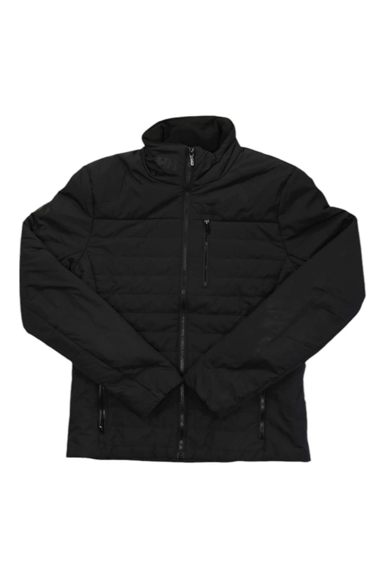 Men's black quilted insulated jacket with front zipper and visible zip side pockets